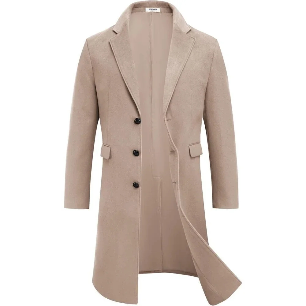Men's Khaki Trench Coat Long Casual Overcoat Notched Collar Wool Blend Pea coat